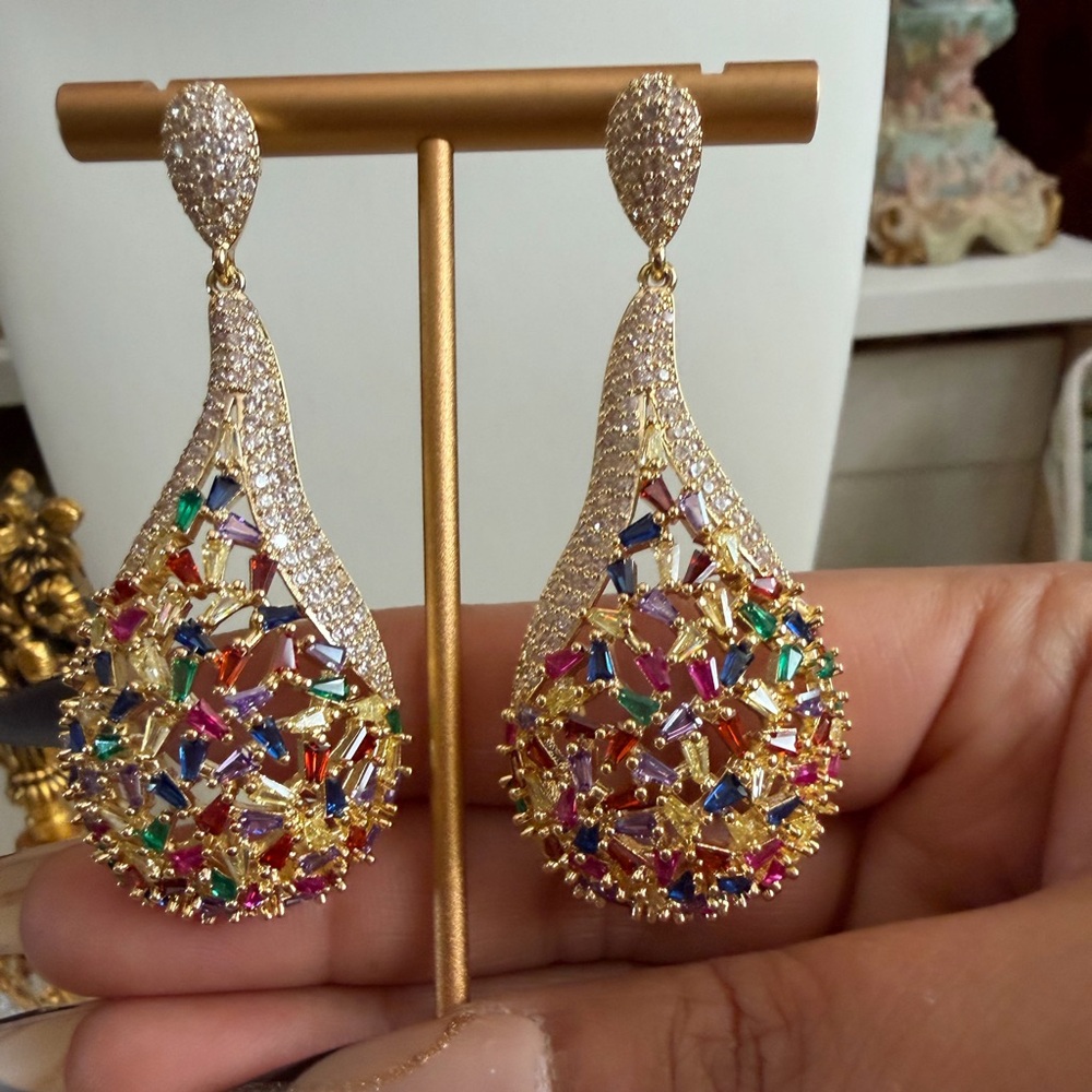 18k Gold plated  Multicolor zirconia crystal Teardrop Statement Earrings. SOLD!